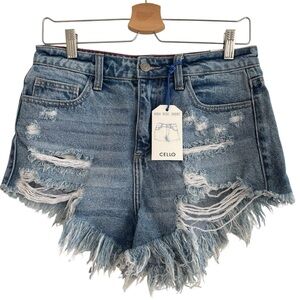 Cello High Rise Denim Shorts Size M NWT Distressed Fringe Mini Micro